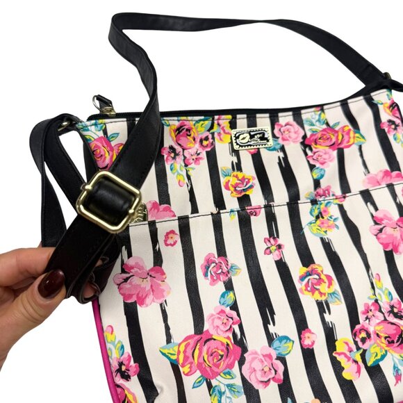 LUV Betsey Johnson Floral Black White Striped Crossbody Bag Excellent - Picture 5 of 8